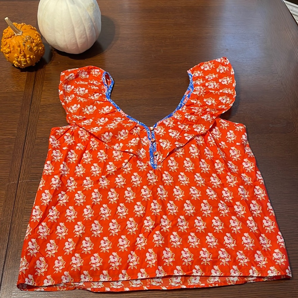 J. Crew Red Floral Top with Blue Accents